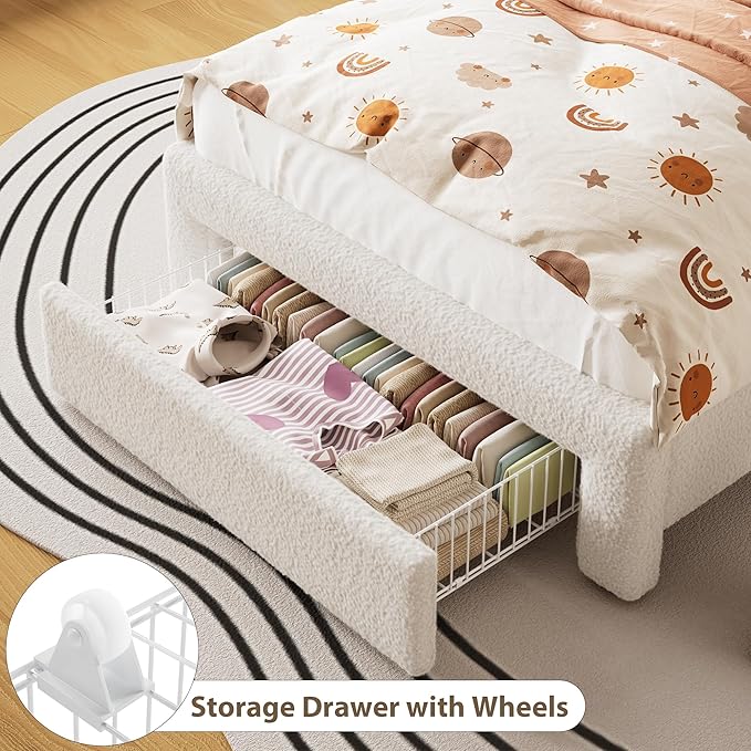 GarveeHome Upholstered Twin Bed Frame with 2-Tier Storage Headboard, LED Platform Bed with Charging Station and Drawer for Kids/Girls/Boys, Heavy Duty Metal Support, No Box Spring Needed, Beige