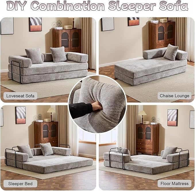 Convertible Sofa Bed, Compression Futon Sofa with Pillows & Armrest, Foldable Mattress Couch with Fixed-Shape Frame, Comfy Couch Lounge Sleeper Bed for Living Room Bedroom, Light Gray