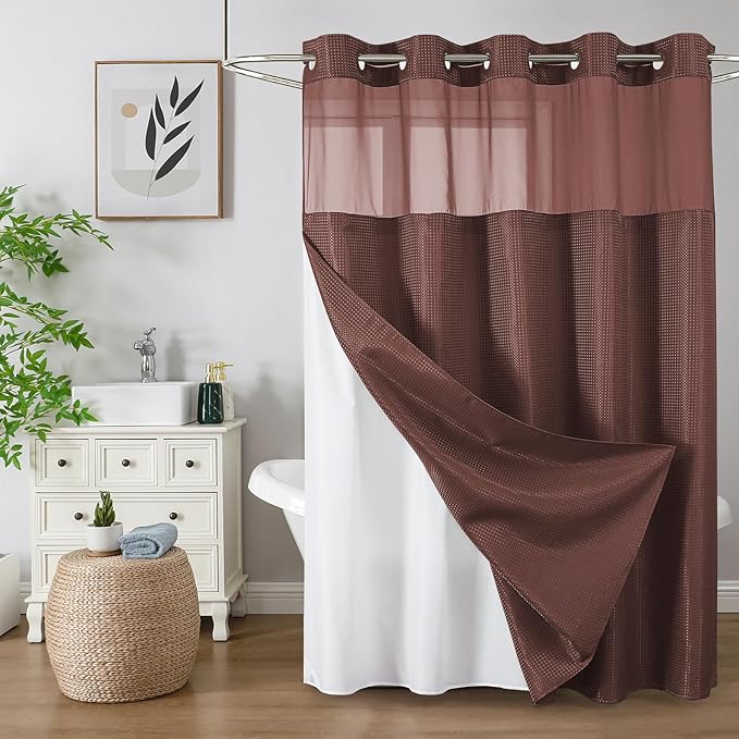 Colorful Star No Hook Shower Curtain with Snap in Fabric Liner, Waffle Weave Heavy Duty Thick Shower Curtains with Mesh Top Window, Hotel Style Waterproof Bathroom Curtain Set, 72 x 75 Inch, Brown