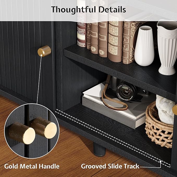 70" Mid-Century Modern TV Stand with Tambour Door, TV Console with Solid Wood Legs for TVs up to 80", Fluted Entertainment Center with Storage for Living Room, Black