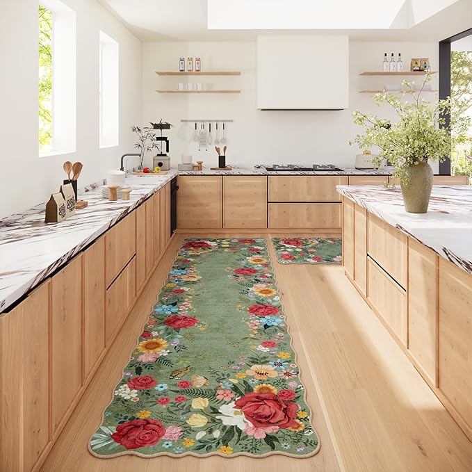 Hallway Rug 2'6''x10' Long Washable Floral Hallway Runner Rug Boho Vintage Low Pile Carpet for Entryway, Laundry Room High Traffic Areas, Indoor Rug for Bathroom (Green