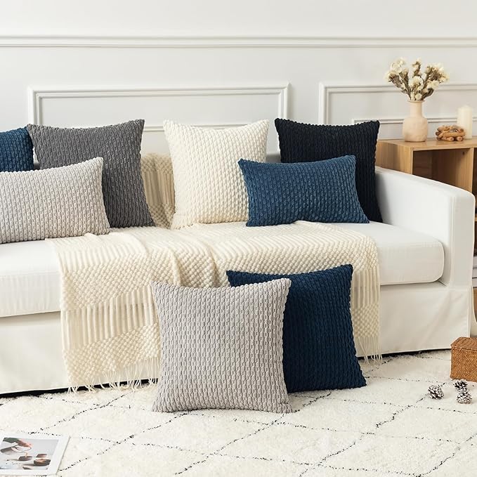 Kevin Textile Pack of 2 Blue Corduroy Decorative Throw Pillow Covers 24x24 Inch Soft Boho Striped Pillow Covers Modern Farmhouse Home Decor for Autumn Sofa Living Room Couch Bed