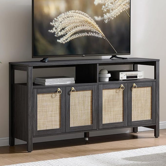 SICOTAS Rattan TV Stand for Television up to 65 Inch - 29.5" Tall Entertainment Center with Storage and Open Shelves,Boho Credenza TV Console Cabinet with 4-Doors and Adjustable Shelf for Living Room
