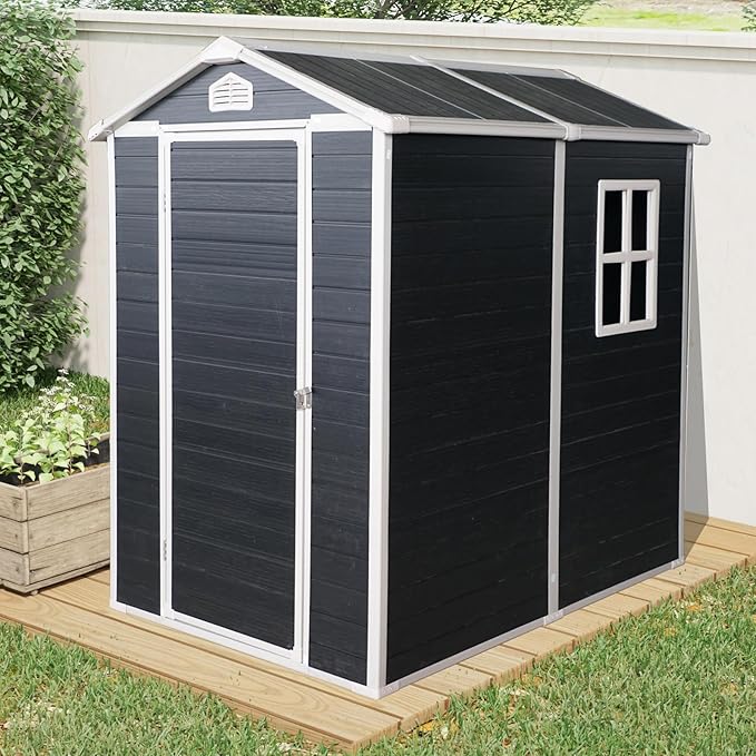 6x4 FT Outdoor Storage Resin Shed with Floor, Waterproof Plastic Garden Tool Shed with Windows, Vents & Lockable Door and Sloped Roof, Easy to Assemble Bike Shed for Patio, Backyard, Lawn, Black