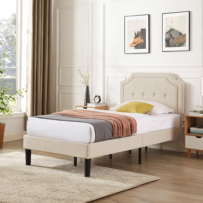 VECELO Twin Size Platform Bed Frame with Fabric Upholstered Headboard and Wooden Slats Support, No Box Spring Needed/Easy Assembly,Beige