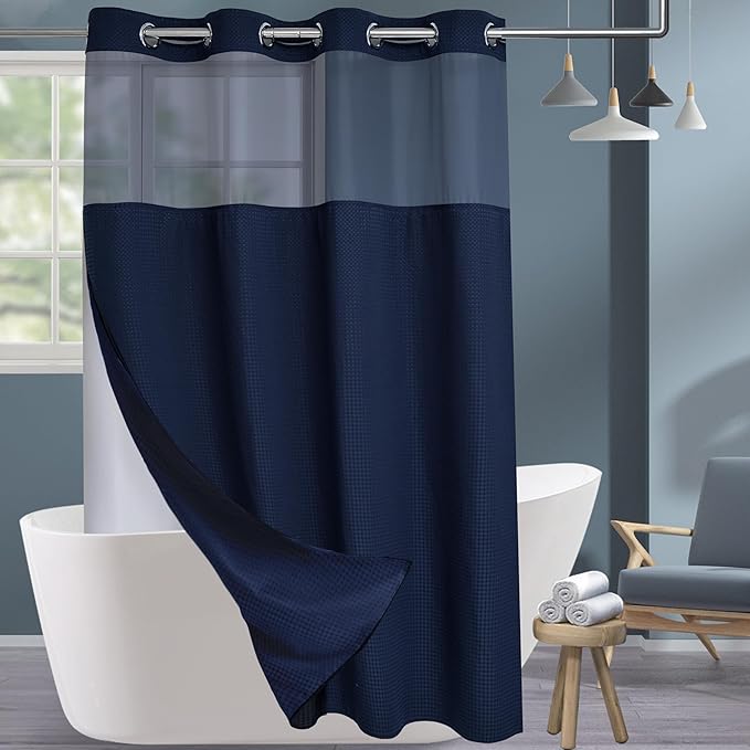 Conbo Mio Stall No Hook Waffle Weave Shower Curtain with Snap in Liner Set, Hotel Luxury Navy Blue Shower Curtains for Bathroom with See Through Top Window, Waterproof, Washable 54W x 74H