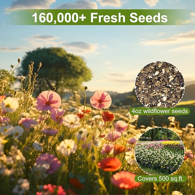 160000+ Wildflower Seeds Planting - 4oz Varieties Including Sunflower, Lavender, Zinnia & More, Attracts Bees & Butterflies, High Germination Rate, Easy to Grow for Garden, Balcony
