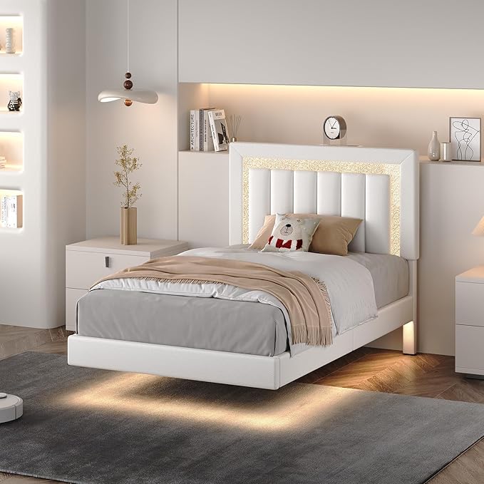 HOMBCK Floating Bed Frame Full with Smart LED Lights, Faux Leather Upholstered Platform Bed with Diamond PU Headboard, No Box Spring Needed, Noise-Free, Easy Assembly, White