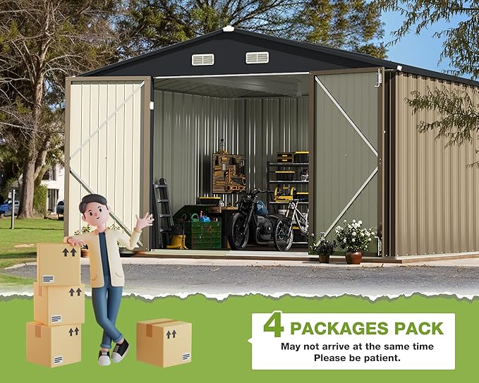 Greesum Metal Outdoor Storage Shed 10FT x 10FT, Steel Utility Tool Shed Storage House with Door & Lock, Metal Sheds Outdoor Storage for Backyard Garden Patio Lawn (10' x 10'), Brown