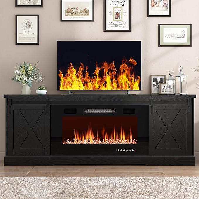 Farmhouse Fireplace TV Stand for 70/75/80 Inch TV, 70 inch Entertainment Center Storage Cabinets with 36”Electric Fireplace and Sliding Barn Doors, Media Console Cabinet for Living Room, Black
