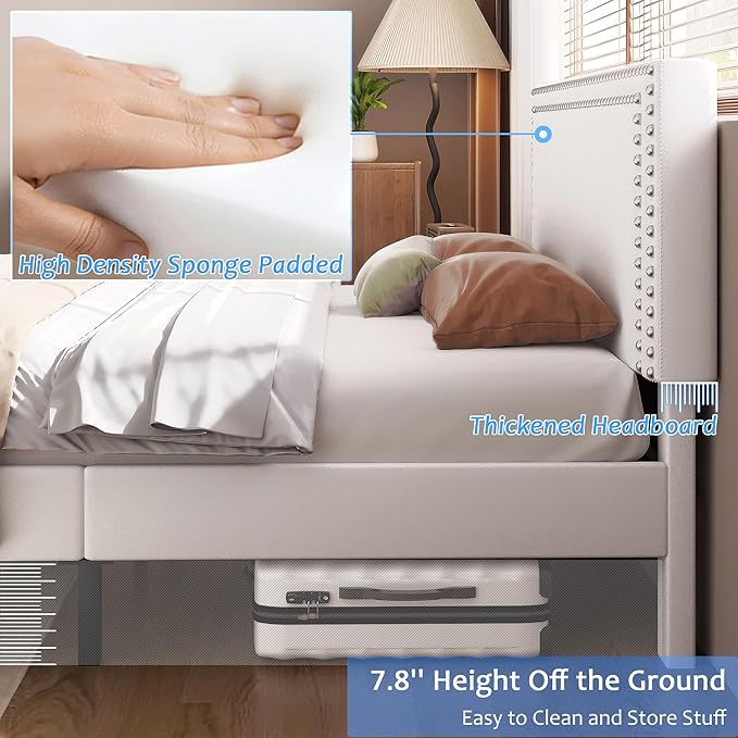 VECELO Full Size Bed Frame with Adjustable Upholstered Headboard, Wooden Slats Platform, Noise-Free Design, Easy Assembly