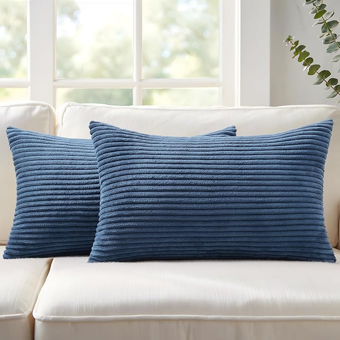 Mecatny Corduroy Decorative Throw Pillow Covers 12x20 Set of 2 for Sofa Living Room, Soft Neutral Boho Couch Pillow Covers for Home Decor, Navy Blue