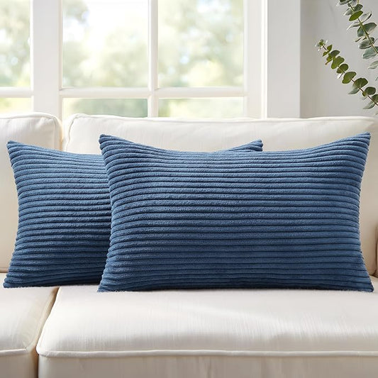 Mecatny Corduroy Decorative Throw Pillow Covers 12x20 Set of 2 for Sofa Living Room, Soft Neutral Boho Couch Pillow Covers for Home Decor, Navy Blue