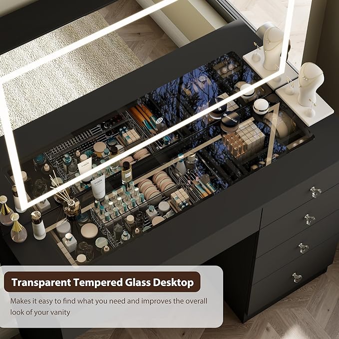 39" Vanity Desk with Mirror and Lights, 5 Drawers Makeup Vanity Desk with Tempered Glass top, 3 Lighting Modes Adjustable Brightness, Black Vanity with Magnetic 5X Magnifier for Bedroom