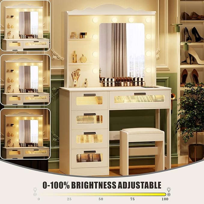 HWB Makeup Vanity Desk with Mirror and Lights,Vanity Table with 5 Drawers&2 Shelves,Vanity Set for Bedroom,Dressing Table with 10 Light Bulbs,Desk Vanity with USB Port&Human Sensor Design,White
