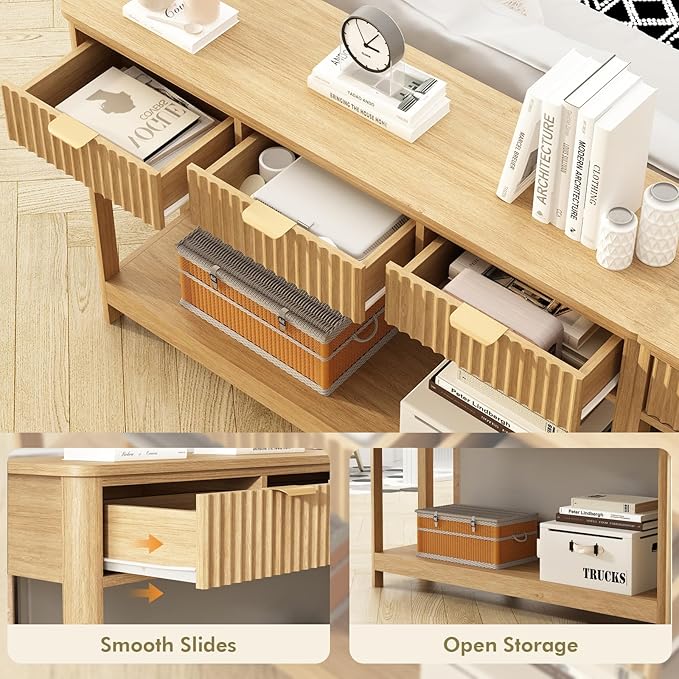 Fluted Console Table with Drawers, Modern 47.1" Entryway Table with Storage Shelf, Boho Narrow Skinny Behind Couch Wood Sofa Table for Living Room Hallway Entrance Foyer, Natural