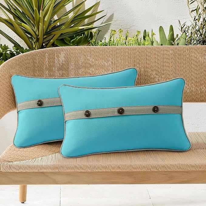 Outdoor Sunbrella Decorative Pillows with Triple Coconut Buttons Pack of 4, 20" x 12" Outdoor Pillow Set for Couch Bed Throw Patio Sofa, Canvas Aruba/Cast Ash