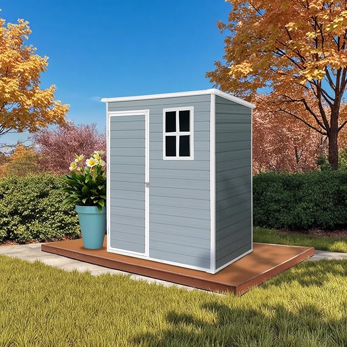 5' x 3' Resin Storage Shed Outdoor, PP Material & Strong Structure for All Weather, Plastic Garden Shed w/Window for Garden, Backyard, Poolside and Lawn, 15mm Thick PP Board - Light Grey