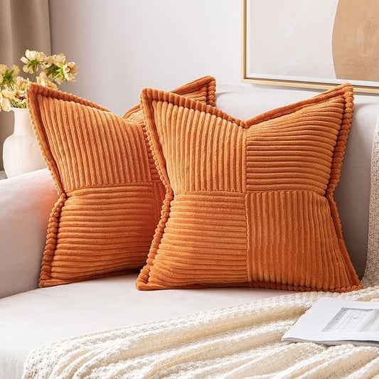 MIULEE Orange Fall Decorative Throw Pillow Covers for Couch Bed Livingroom 20x20 Inch Set of 2 Boho Accent Throw Pllows Broadside Striped Patchwork Soft Corduroy Pillowcases