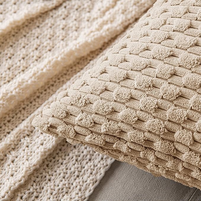 MIULEE Throw Pillow Covers Soft Corduroy Decorative Set of 2 Boho Striped Pillow Covers Pillowcases Farmhouse Home Decor for Couch Bed Sofa Living Room 16x16 Inch Tan