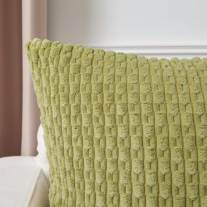 Kevin Textile Decorative Pillow Covers Set of 2 Striped Plush Corduroy Pillows Pillowcases Boho Home Decor Cushion Covers for Couch Sofa Bed Living Room 16x16 Inch, Grass Green