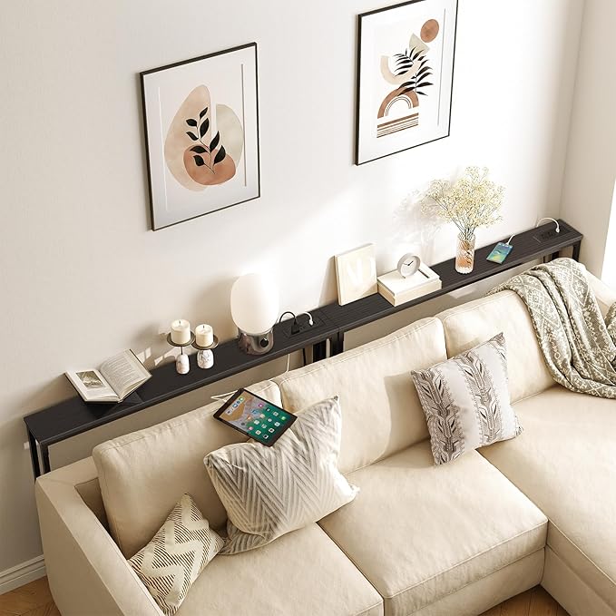 HOOBRO 47.2" Skinny Console Table with Power Outlets, 5.9" Behind Couch Table with Charging Station, Narrow Sofa Table, Long and Thin Table for Entryway, Living Room, Black BB15XG01G1