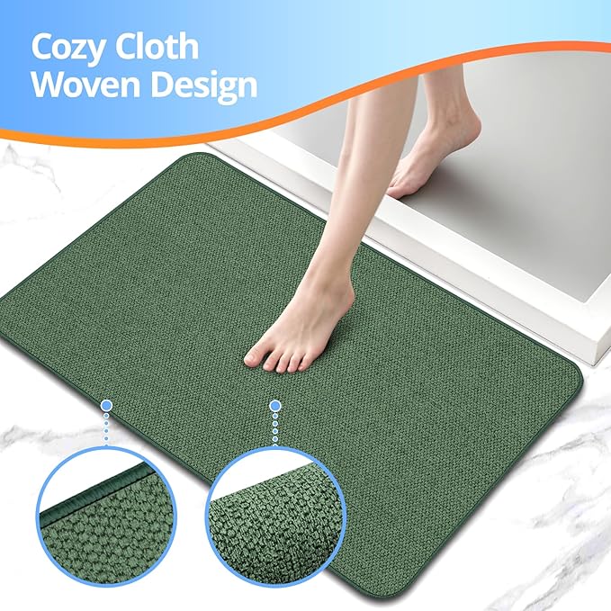 Upgraded Thin Bathroom Rugs, Bath Mat Super Absorbent, Bath Rugs Rubber Backing Non-Slip, Quick Dry Machine Washable, Cozy Cloth Bathroom Mat fit Under Door/Sink/ Bathtub/Shower/Kids 19''x30''-Green