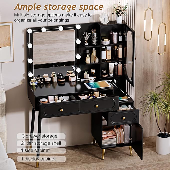 Vanity Desk with Mirror and Lights, with Power Outlet and 10 Lights Modern Capacity Makeup Vanity with 3 Drawers, Makeup Table for Bedroom,Makeup Room,Black
