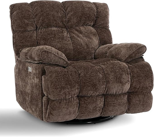 GINGO Power Oversized Recliner Chair, Extra Wide Swivel Rocking Recliner Chair, Breathable Soft Fabric Modern Single Sofa for Living Room, 90°-140° Electric Adjustable Angle, USB & Type-C Port, Brown
