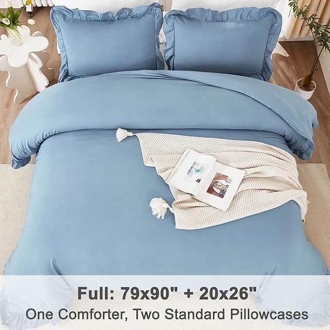 Litanika Grayish Blue Full Size Comforter Sets, 3 Pieces Ruffle Farmhouse Aesthetic Bedding Comforter Sets, All Season Soft Lightweight Fluffy Microfiber Bed Set(79x90In Comforter, 2 Pillowcases)