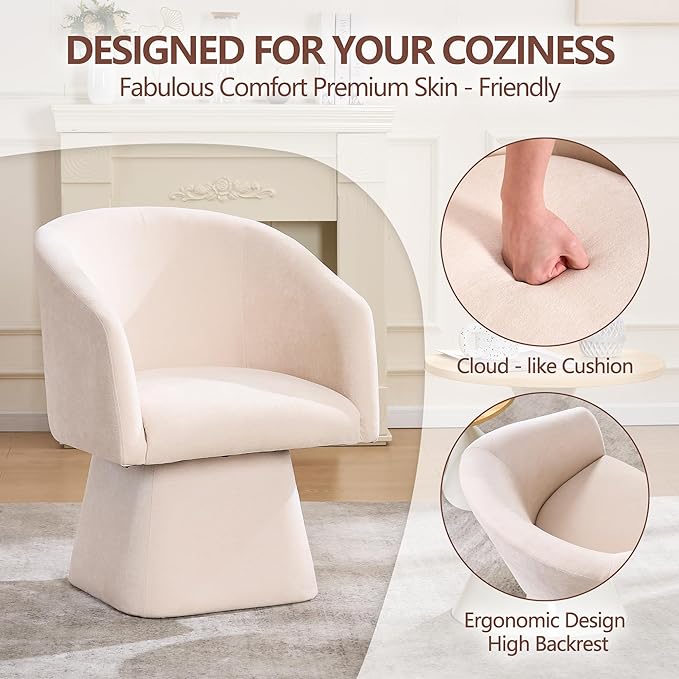 Swivel Modern Accent Chair,Luxury Fabric Upholstered Makeup Chair Comfy Barrel Chair with No Wheels,360°Rotating Vanity Armchair for Living Room Bedroom Office (White)