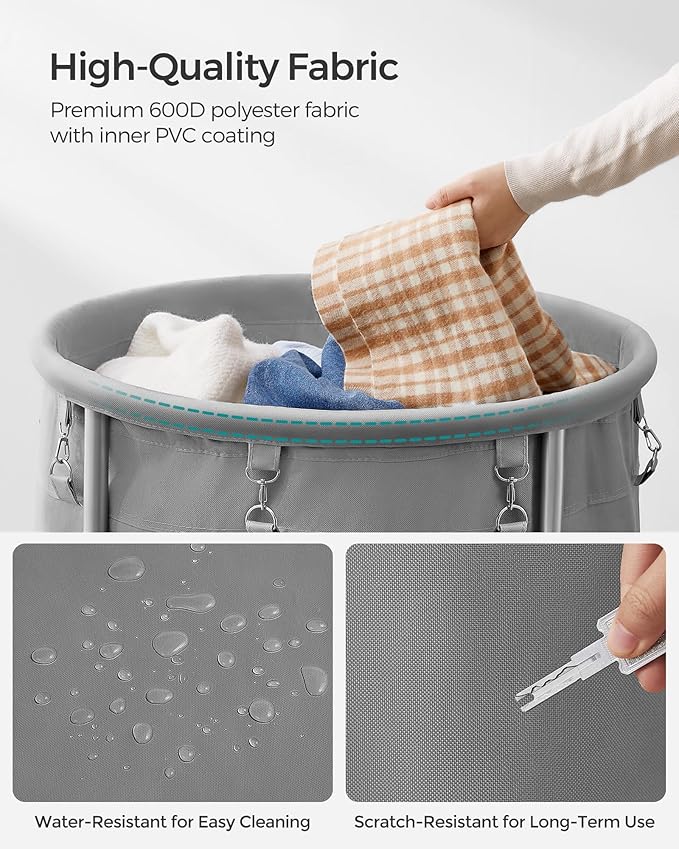 SONGMICS 50.2-Gallon (190 L) Laundry Basket with Wheels, Rolling Round Heavy-Duty Laundry Hamper Cart with Steel Frame and Removable Bag, 2 Locking Wheels, Gray and Metallic Silver URLS001G01