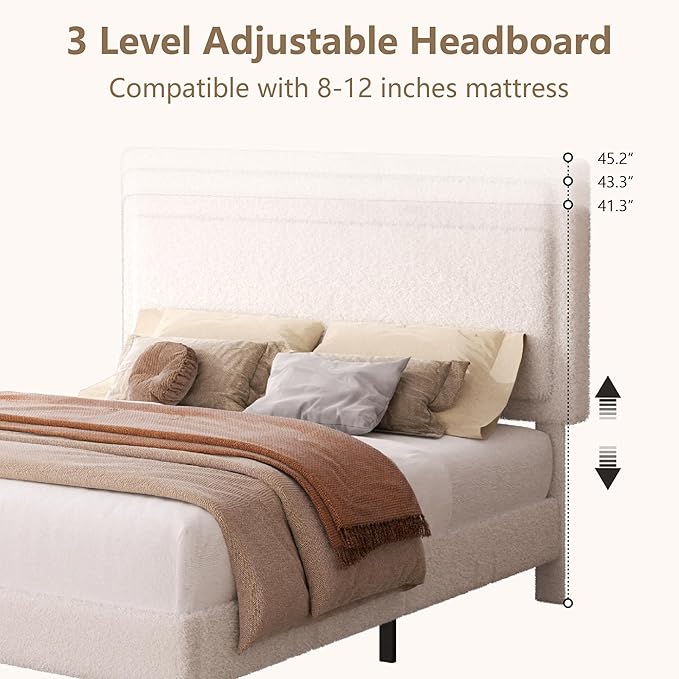 Full Size Boucle Bed Frame, Upholstered Platform Cloud Bed Frame with Headboard, Soft Teddy Fabric, Modern Style, No Box Spring Required, Easy Assembly, Beige
