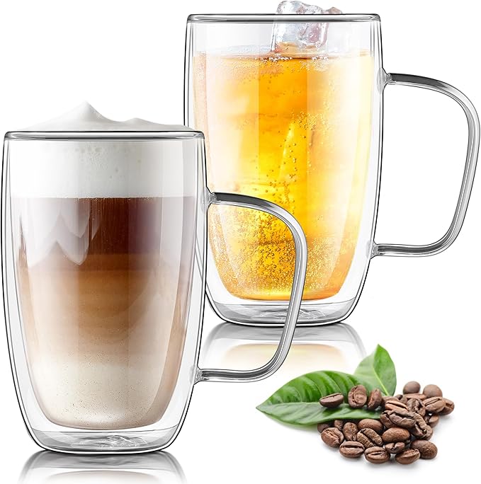 Joeyan Large Clear Double Walled Glass Coffee Mugs 16 oz, Double Layer Tea Latte Cappuccino Glasses Cups with Handle, Double Lined Insulated High Borosilicate Glassware for Hot Drinks, Set of 2