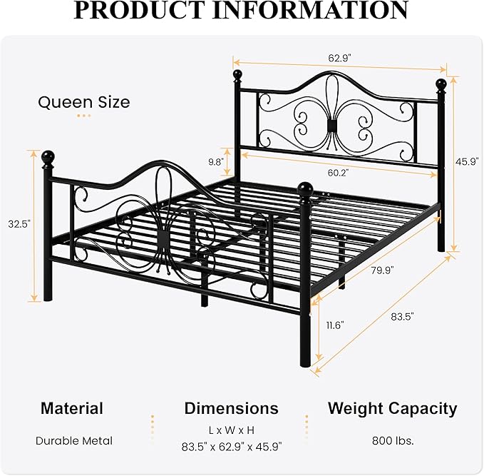 SHA CERLIN Queen Size Bed Frame and Headboard,Metal Bed Frame with Butterfly Pattern Design Headboard & Footboard,No Box Spring Needed,Easy Assembly,Black