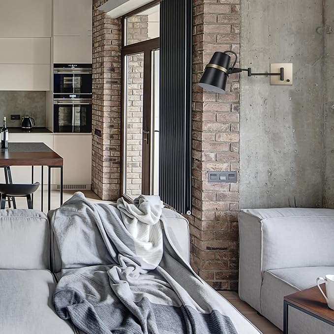 GLOBE Electric 51345 1-Light Plug-in or Hardwire Swing Arm Wall Sconce, Matte Black, Brass Accents, 6ft Black Woven Fabric Cord, Flat Plug, Rotary On/Off Switch, Wall Lighting, Bulb Not Included