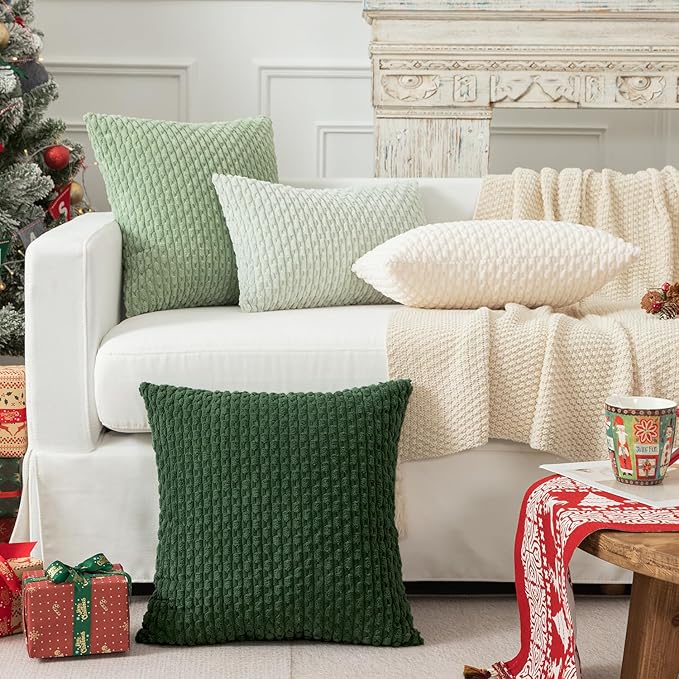 Kevin Textile Pillow Covers Decorative Set of 2 Striped Corduroy Plush Velvet Christma Pillowcases Cushion Cover for Couch 16x16 Inch Cream