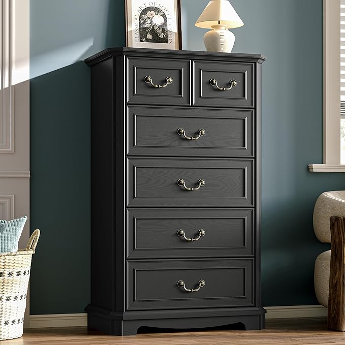 Farmhouse 6 Drawer Dresser for Bedroom, Tall Rustic Chest of Drawers with Metal Handle, Wood Vintage Storage Tower Cabinet, Wooden Closet Storage Dressers Organizer for Living Room, Hallway, Black