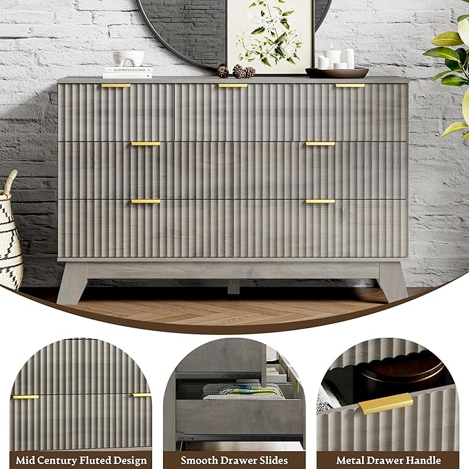 Fluted Dresser for Bedroom with 7 Drawer, Mid Century Modern Chest of Drawers, 48" Wide Natural Wood Dresser for Closet, Wooden Boho Chest Closet Storage TV Stand for Bedroom, Grey