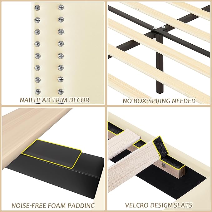 VECELO Queen Size Bed Frame with Adjustable Upholstered Headboard, Wooden Slats Platform, Noise-Free Design, Easy Assembly