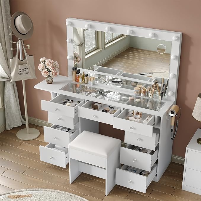 Vanity Desk & Power Outle, Makeup Vanity with Mirror and 12 LED Lights, 9 Drawers Makeup Table with Fold-up Panel, Vanity Set 3 Lighting Modes Brightness Adjustable (White)