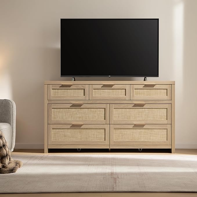 SICOTAS 7 Drawer Dressers for Bedroom Set 2, Long Rattan Dresser, Dresser TV Stand, Closet Organizer Chest of Drawers, Clothes Storage Dressers (Reclaimed Light Oak, 7 Drawers (2 pcs))