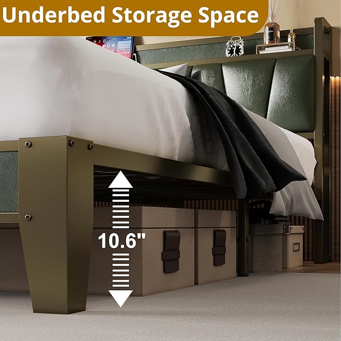 LIKIMIO Full Bed Frame, Storage Headboard with Charging Station, Solid and Stable, Noise Free, No Box Spring Needed, Easy Assembly (Dark Green)