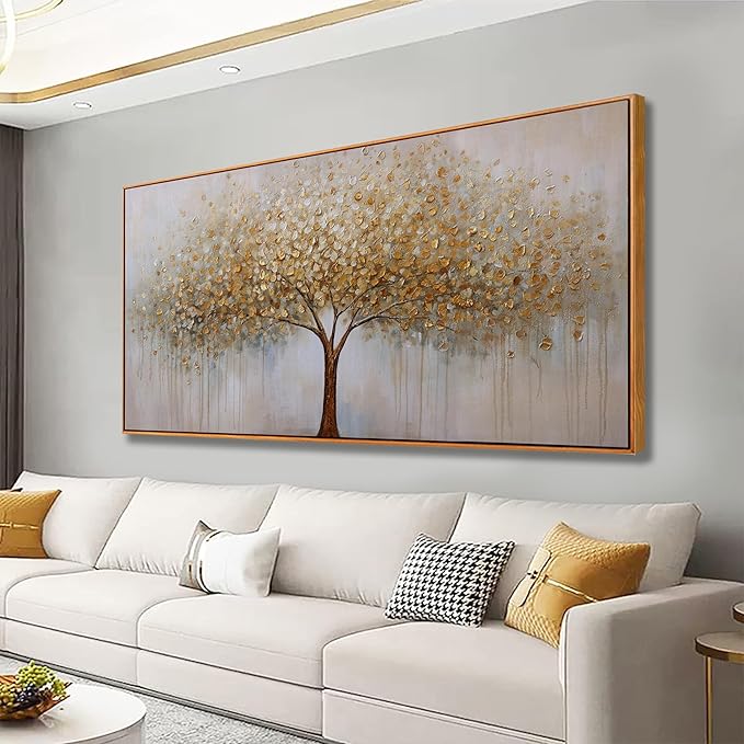 Wall Art Abstract Gold Tree of Life Framed Modern Artwork Canvas Painting Textured Tree Pictures Wall Decor for Living Room Bedroom Dining Room Home Office Decor 24"x48" with Framed