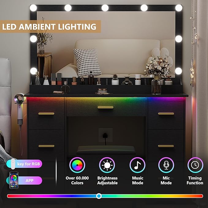 Makeup Vanity Desk with Mirror and Lights, Glass Top Vanity with 38" Lighted Mirror & Charging Station, Large Vanity Mirror with Lights Desk and Chair for Girls 3 Lightings Mode Adjusted, Black