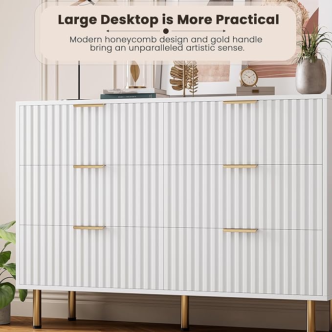 White 6 Drawer Dresser for Bedroom, Fluted 47.2" Wide Modern Chest of Drawers with Deep Drawers, Long Large Double Dresser TV Stand for Living Room, Hallway, Kids Room