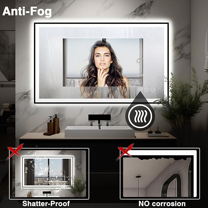 48x30 LED Bathroom Mirror - Black Aluminum Framed (Front and Backlit), Anti-Fog Lighted Vanity Mirror,Stepless Dimmable Lighted Mirror,3 Colors Smart Mirror(Horizontal/Vertical)