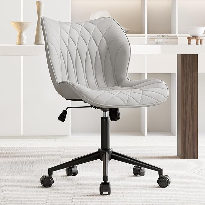 YOUNUOKE Armless Desk Chair Comfy Office Chair with Wheels Home Ergonomic Task Chair Adjustable Computer Chairs Modern Faux Leather Swivel Chair Upholstered Makeup Vanity Chair with Back(Gray)