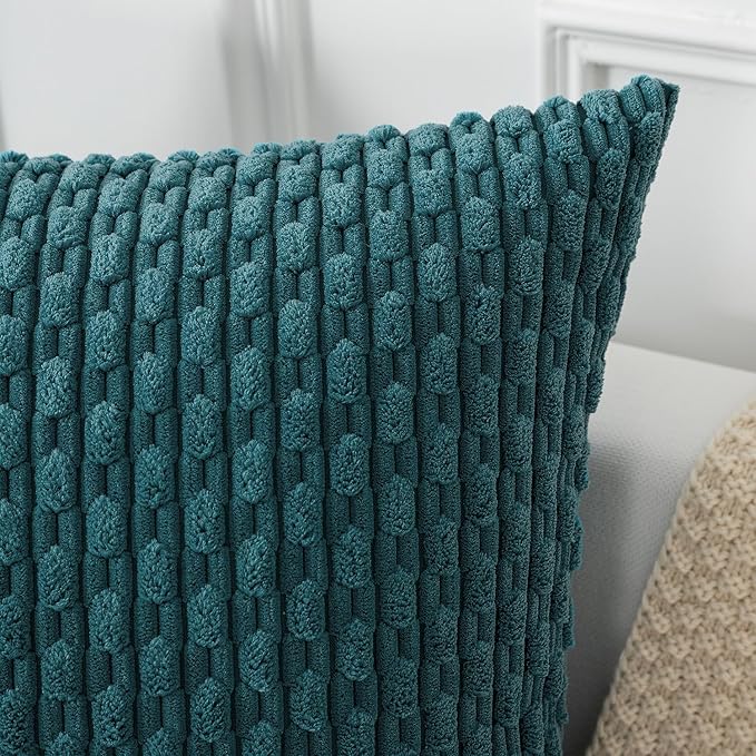 Kevin Textile Throw Pillow Covers Soft Corduroy Decorative Set of 2 Boho Striped Pillow Covers Pillowcases Farmhouse Home Decor for Couch Bed Sofa Living Room 20x20 Inch Teal Blue