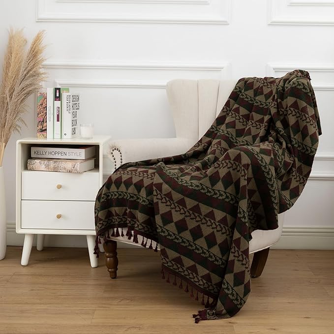 Gealaek Boho Throw Blanket Lightweight Soft Cozy Decorative Blankets for Sofa Bed Farmhouse Throw Blanket Aztec Blanket with Tassel Khaki Olive Wine Checkered 50" x 60"